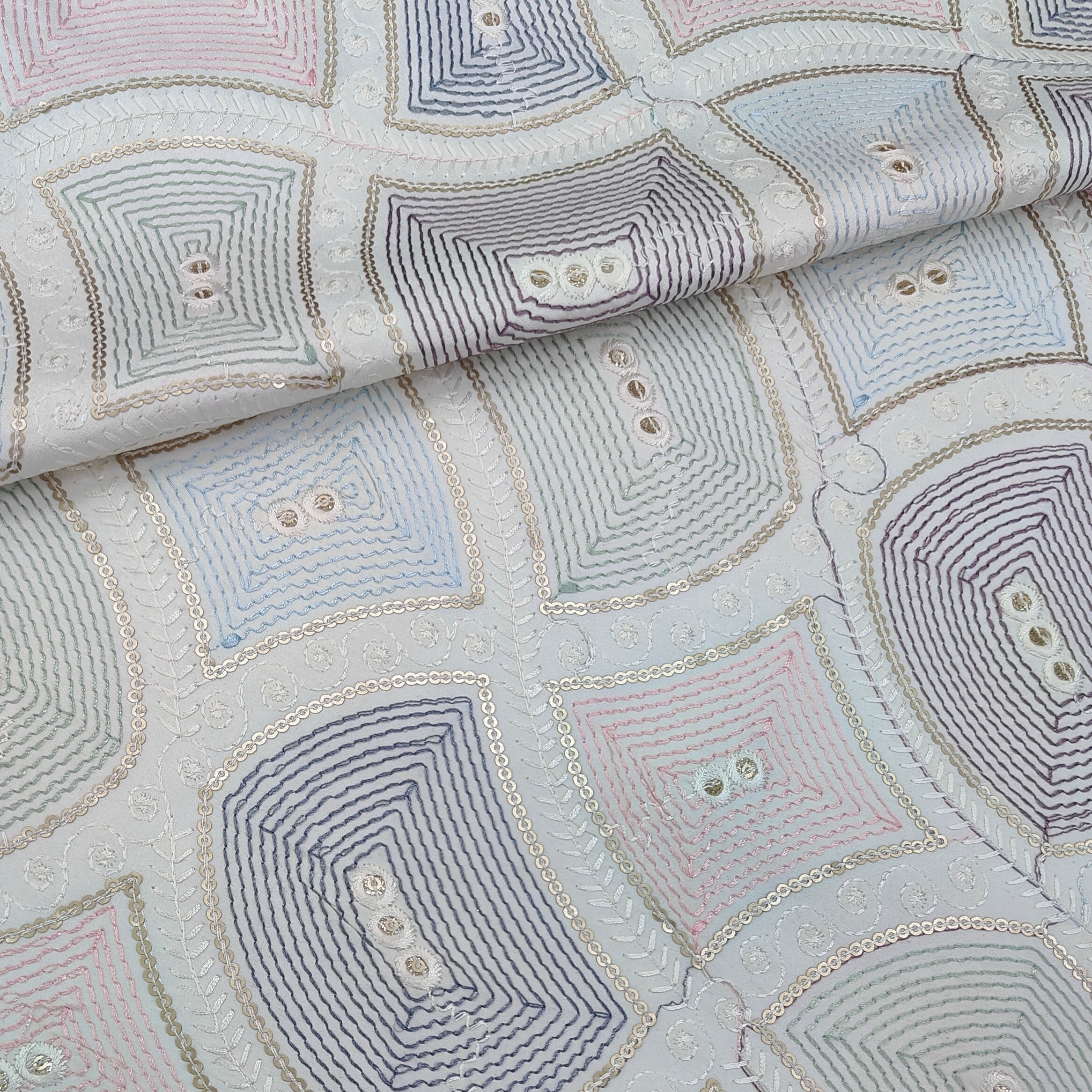 Kurta Fabric ManTire Designer Silk Concentric Geometric Ogee Embroidery Colour Blush Pink, Dusty Mauve N Powder Blue